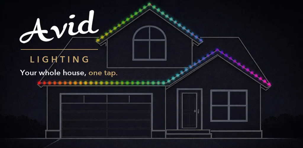 Avid Lighting app graphic showing a house outline with a multicolor permanent light run along the roofline